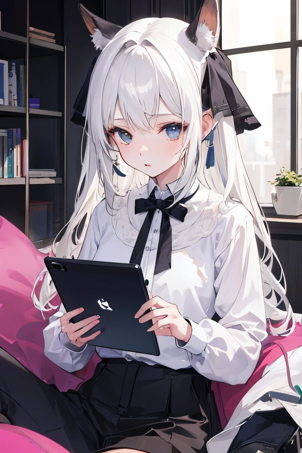 a girl,Cabello blanco,con Orejas de conejo,Tiene una tablet,esta sentada