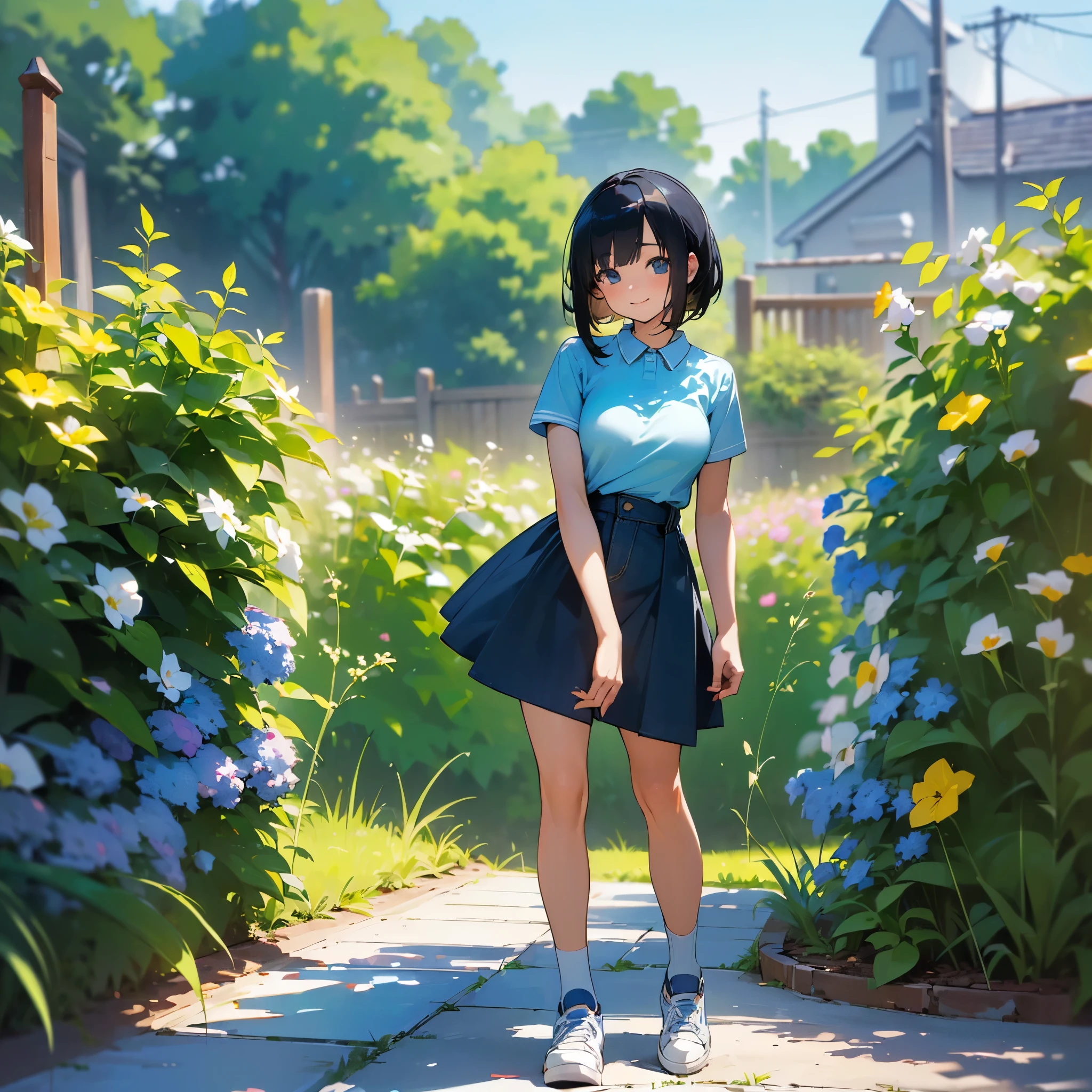 (high quality, High resolution, Very detailed, reality:1.37), Peaceful atmosphere, (Outdoor, garden), age girl standing alone, (my breasts are big.), Beautiful details, Cute Smile, (Black bob hair), Short sleeve shirt, Denim skirt, Blue socks, sneakers.