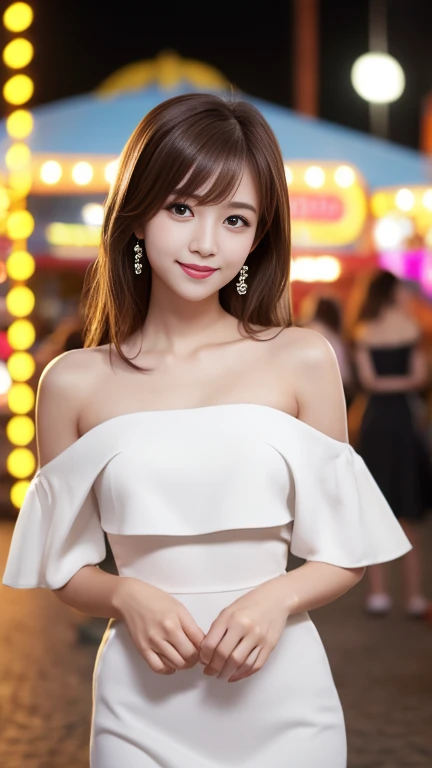 highest quality、8k wallpaper、Reality:1.4、Photographed by a professional photographer、Cinema Lighting、View your viewers、background:Amusement park at night、1 beautiful girl、Japanese Idol、19 years old、Beautifully detailed eyes、Detailed face、Beautiful Skin、Slender、Slim waist、Thin legs、Lip balm、Blonde: 1.8、Random hairstyle、Asymmetrical bangs、Off-the-shoulder dress、I can see your chest 、smile:1.4、Seductive pose