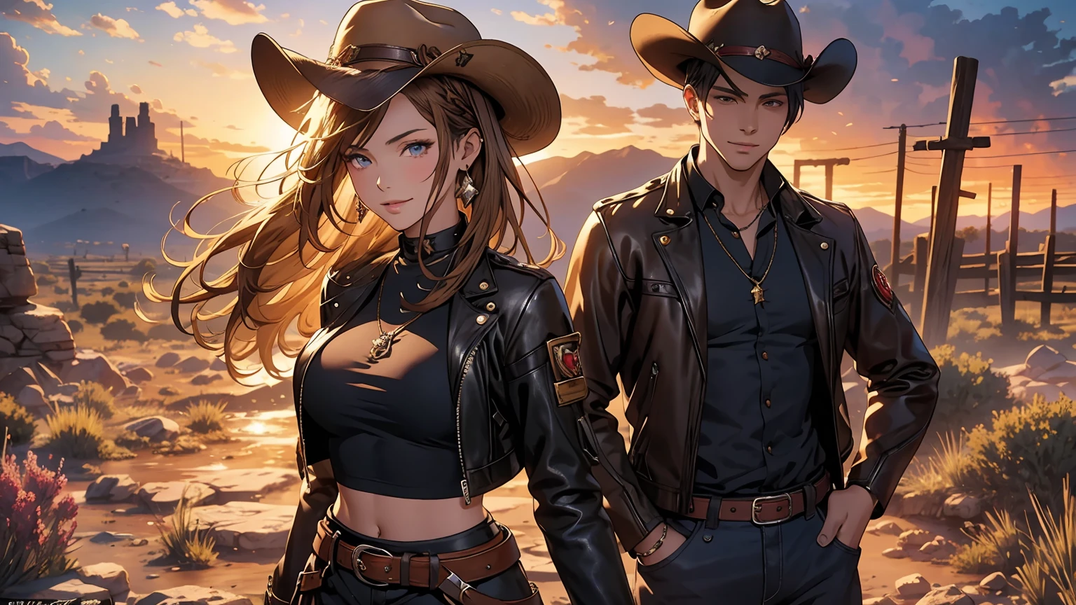 Arte de anime Genshin Impact: ((masterpiece: 1.2, 16k, super detail, best quality, accurate, high resolution, high quality)), (Wallpaper), Young cute cowgirl, age 18, super model, smiling, short brown leather jacket with open front, cowboy belt, brown cowboy hat, leather boots, braided hair, elegant posture, elegant cowgirl in the spotlight, illustrative style inspiration from the Charles Marion Russell, freedom, strength, confidence, full body portrait, standing, top model pose, seductive expression, Full breasts, Tight shirt, Midriff, beautiful latin girl, looking at the spectators, beautiful and charming girl, perfect clean model face, exquisite facial features, detailed face, clear facial expressions, long wavy hair, gradient hair, beautiful detailed eyes, piercing and enchanting eyes, luscious lips, beautiful detailed glossy lips, rosy cheek, enchanting smile, perfect body, slim waist, dynamic poses, solo girl, wild west setting, plain of the American West, wide and warm old sky, the sunset, a desert with dry soil and sparse thorn trees, rocky mountains, winding river with vegetation on the banks, rusty railway track, rock formations, ruins of a miner's cabin, dilapidated railroad, complex background, very detailed illustration, Ultra-detailed CG, professional art, vibrant appearance, raw photo, (a majestic vision), (dramatic photo:1.4), cinematic, (HDR:1.5), (intricate details:1.1), natural colors, splendid lighting effects, (dramatic light), (Cinematic lighting), epic and surrealistic anime, detailed anime digital art, anime digital art, high-quality anime art style, award winning,