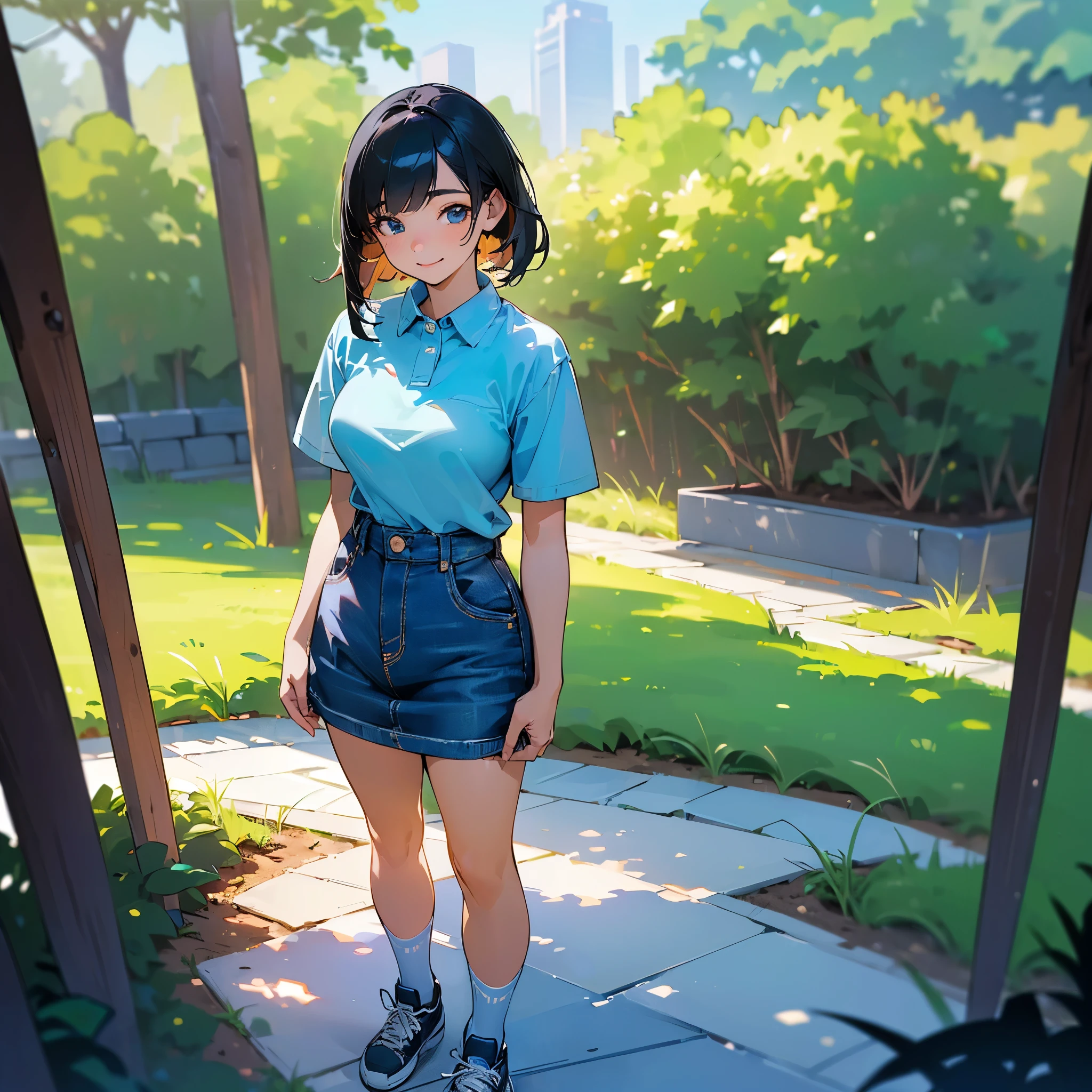 (high quality, High resolution, Very detailed, reality:1.37), Peaceful atmosphere, (Outdoor, garden), Teenage girl standing alone, (my breasts are big.), Beautiful details, Cute Smile, (Black bob hair), Short sleeve shirt, Denim skirt, Blue socks, sneakers.