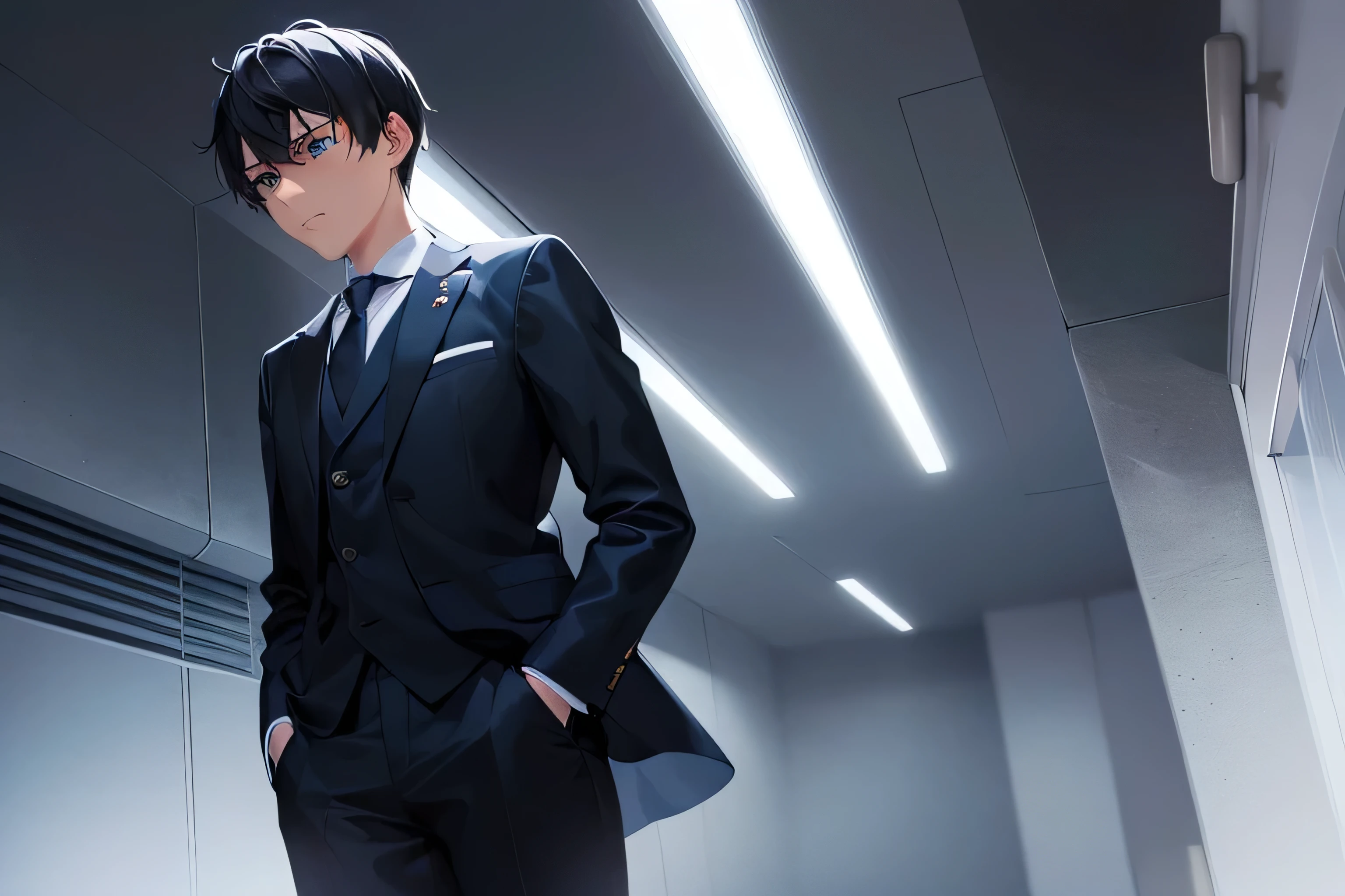 dutch angle, (looking away:2), masterpiece、high quality、25-year-old man with short black hair and blue eyes、wearing a suit、wearing a white shirt、Wearing a dark blue tie、(Alone:1.5)、(Expressionless:1.1)、The background is a dark bedrom、bold composition、dark lighting, intimate dim lighting, salaryman, subject on left side of picture
