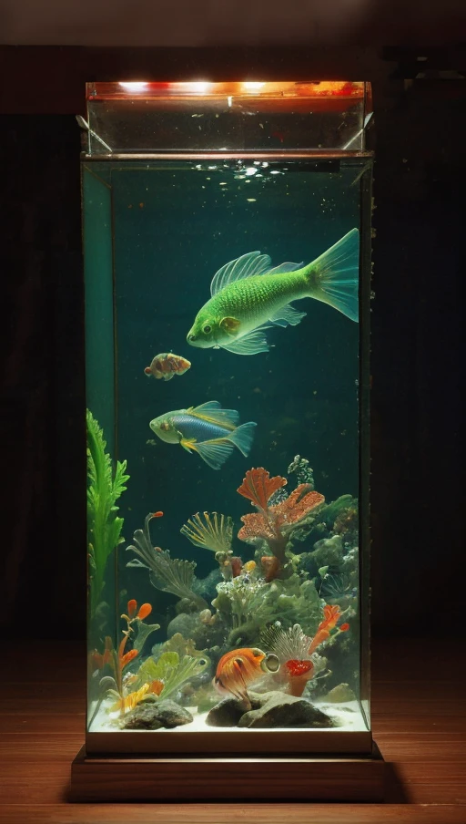 Leave the Thai control panel in a clear glass cabinet. The fish have very beautiful rainbow colors. Fish fighting with red gills, green water pitch, air bubbles, UHD, anatomically correct, textured skin, high detail, high resolution.