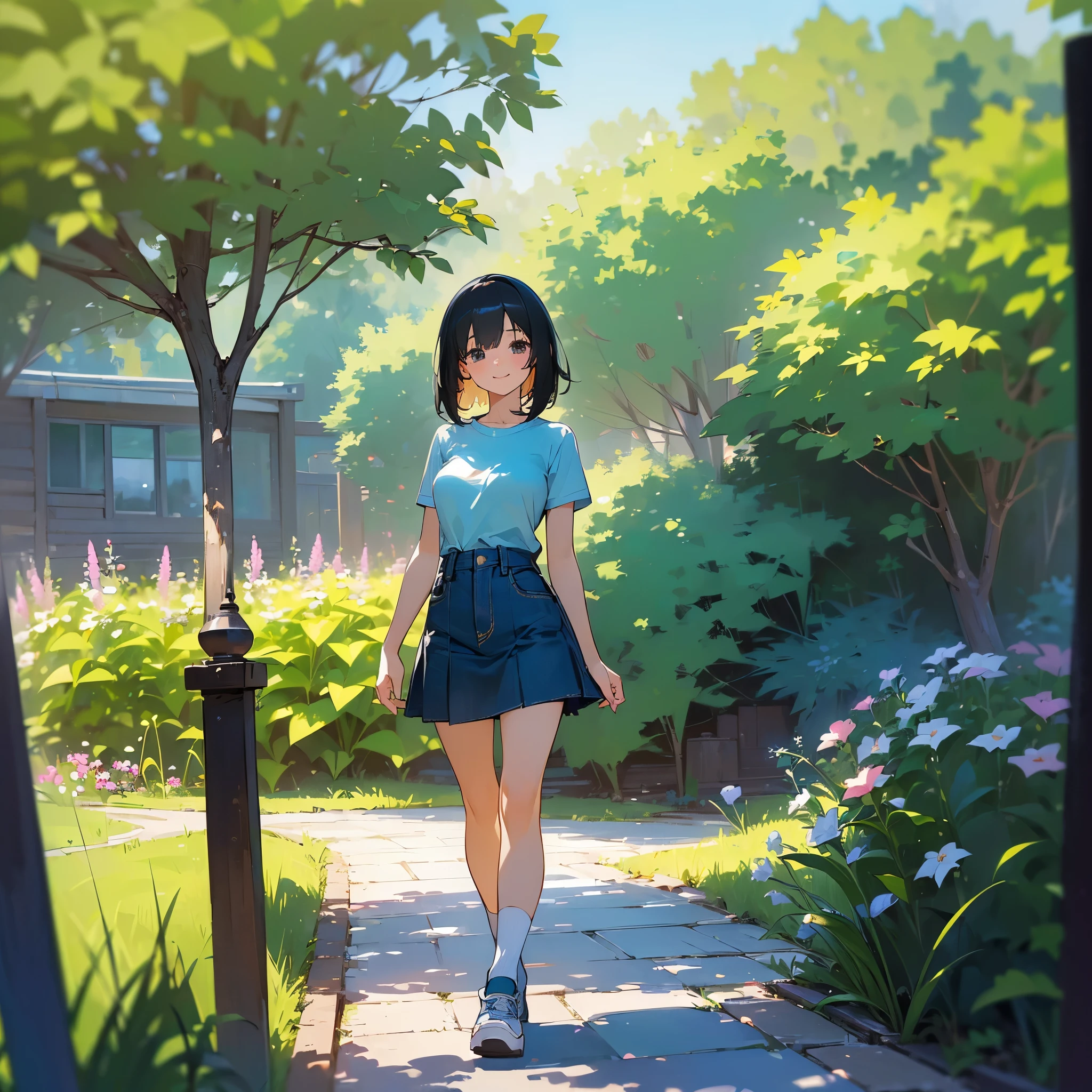 (high quality, High resolution, Very detailed, reality:1.37), Peaceful atmosphere, (Outdoor, garden), age girl standing alone, (my breasts are big.), Beautiful details, Cute Smile, (Black bob hair), Short sleeve shirt, Denim skirt, Blue socks, sneakers.