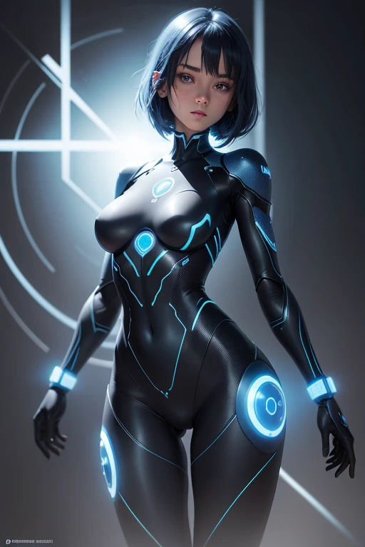 blue body female robot leotard-like body Blue glowing eyes, nffsw, retinas, masutepiece, ccurate, Anatomically correct, Textured skin, Super Detail, high details, High quality, awardwinning, Best Quality, hight resolution