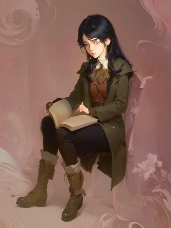 a painting of a woman sitting on a chair reading a book, inspired by William Mustart Lockhart, in the art style of bowater, rpg book portrait, book portrait, fullbody portrait, black - haired mage, painted in anime painter studio, made with anime painter studio, !!full body portrait!!, character full body portrait, full body character portrait