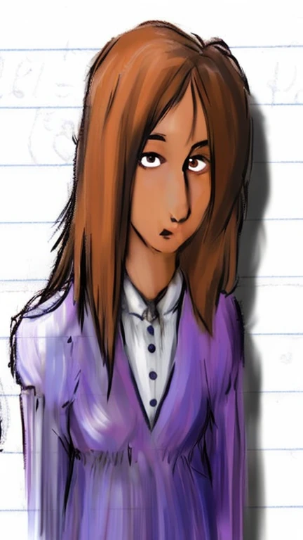 a drawing of a woman with long hair and a purple shirt, colored sketch, digitally colored, hispanic long hooked nose native american colorized pencil, sketchy artstyle, realistic , drawn with photoshop, took on ipad, colored screentone, in an anime style, halfbody portrait, unrealistic character concept, tall female emo art student, inspired by Yuki Ogura, ((portrait))