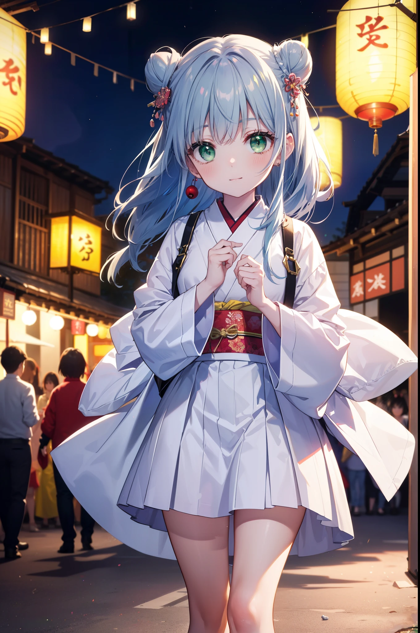 index, index, (Green Eyes:1.5), Blue Hair, Long Hair, (Flat Chest:1.2),smile,blush,Happy atmosphere,Open your mouth,Long Hair,Hair Bun, double  Hair Bun,White bathrobe,Long sleeves,mini skirt,Sandals,White tabi,night空の花火,Fireworks display,Japanese Festivals,Summer festival food stalls,Red Lantern, night,whole bodyがイラストに入るように,Looking down from above,He is holding cotton candy in his right hand,
break outdoors, shrine,                                              break looking at viewer,whole body,(Cowboy Shot:1. 5)
break (masterpiece:1.2), highest quality, High resolution, unity 8k wallpaper, (shape:0.8), (Beautiful and beautiful eyes:1.6), Highly detailed face, Perfect lighting, Highly detailed CG, (Perfect hands, Perfect Anatomy),