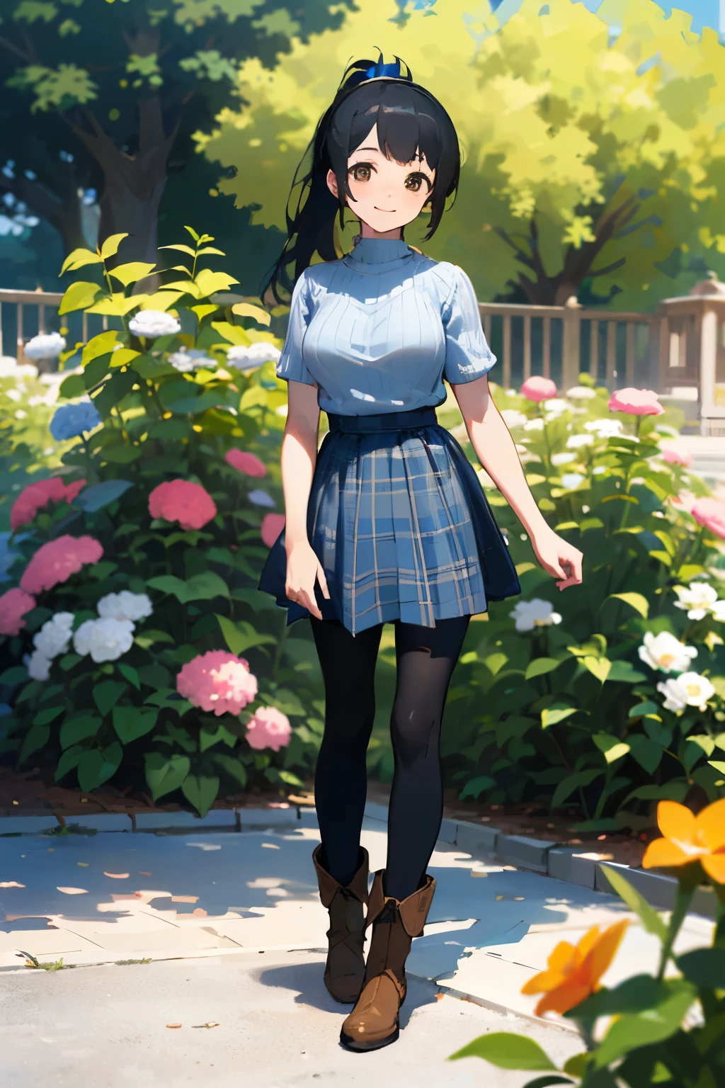 (high quality, High resolution, Very detailed, reality:1.37), Peaceful atmosphere, (Outdoor, garden), Teenage girl standing alone, (my breasts are big.), Beautiful details, Cute Smile, (Black hair ponytail), Short sleeve ribbed sweater, Blue plaid skirt, black tights, Brown boots.