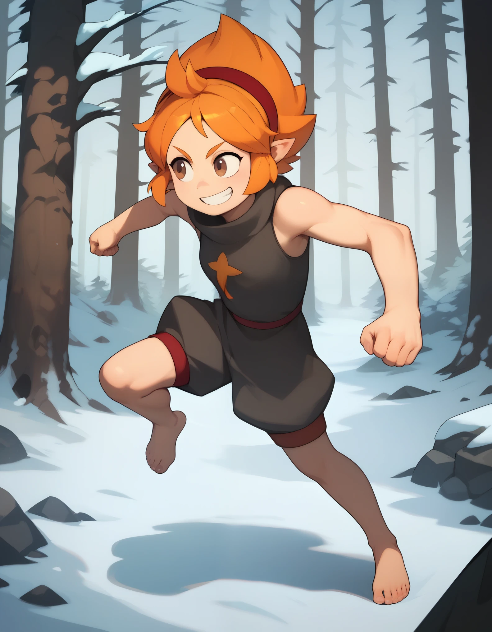 score_9, score_8_up, score_7_up,((best quality)), absurdres,((full body)),ElelyPXL,barefoot, orange hair, brown eyes,pointy ears,red hairband,sleeveless,baggy clothing,black clothes,slim,smile, Winter forest, action pose