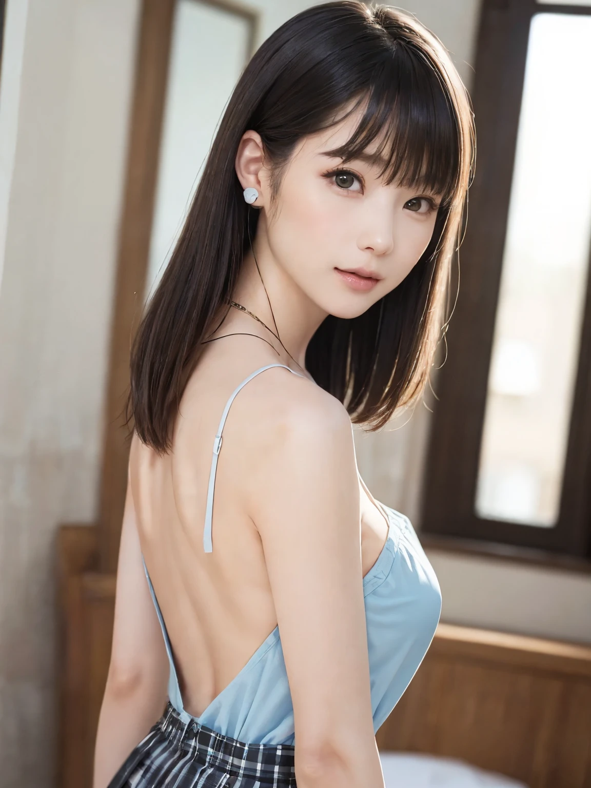 (From the back:1.4、Tabletop:1.4、highest quality:1.4、Best image quality:1.4、Cute beautiful adult woman, Beautiful symmetrical face、Adult smile:1.4、Beautiful Teeth、Lip gloss、Short Brunette Bob、Shiny shiny hair、Has shiny bangs:1.4、bangs:1.4、length, shiny shorthair、length neck:1.4、Show me your ears、Tall Supermodels、Broad shouldered supermodel、{Huge|big|Huge|Mega} chest:2, 非常に大きなchest、Beautiful chest have cleavage:2)、(very beautiful back、Cute school girl、Off-the-shoulder white see-through shirt、Checkered sheer loop pleated short skirt、28 years old)、Very cute and attractive woman、very beautiful back、Perfect Anatomy