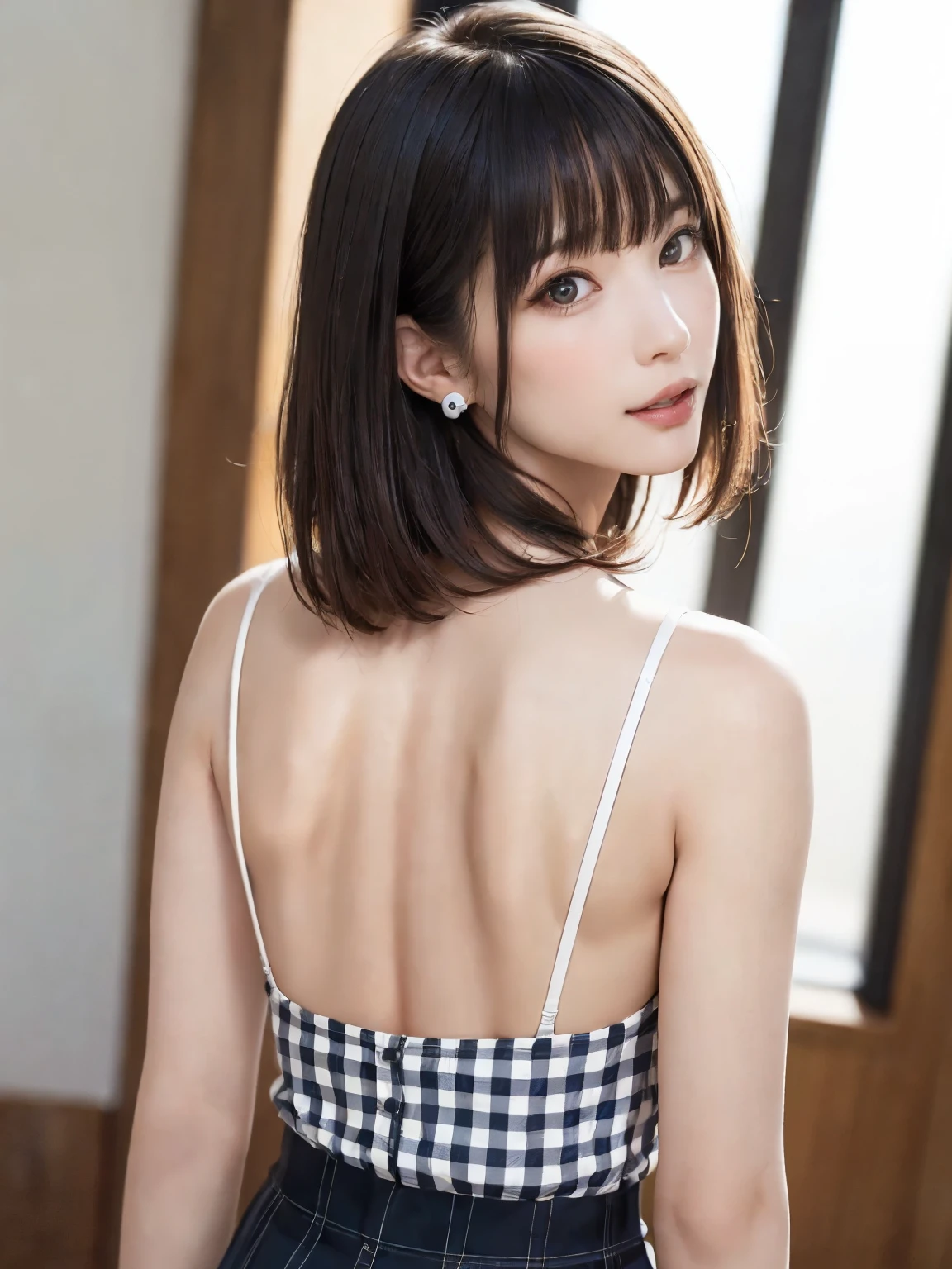 (From the back:1.4、Tabletop:1.4、highest quality:1.4、Best image quality:1.4、Cute beautiful adult woman, Beautiful symmetrical face、Adult smile:1.4、Beautiful Teeth、Lip gloss、Short Brunette Bob、Shiny shiny hair、Has shiny bangs:1.4、bangs:1.4、length, shiny shorthair、length neck:1.4、Show me your ears、Tall Supermodels、Broad shouldered supermodel、{Huge|big|Huge|Mega} chest:2, 非常に大きなchest、Beautiful chest have cleavage:2)、(very beautiful back、Cute school girl、Off-the-shoulder white see-through shirt、Checkered sheer loop pleated short skirt、28 years old)、Very cute and attractive woman、very beautiful back、Perfect Anatomy