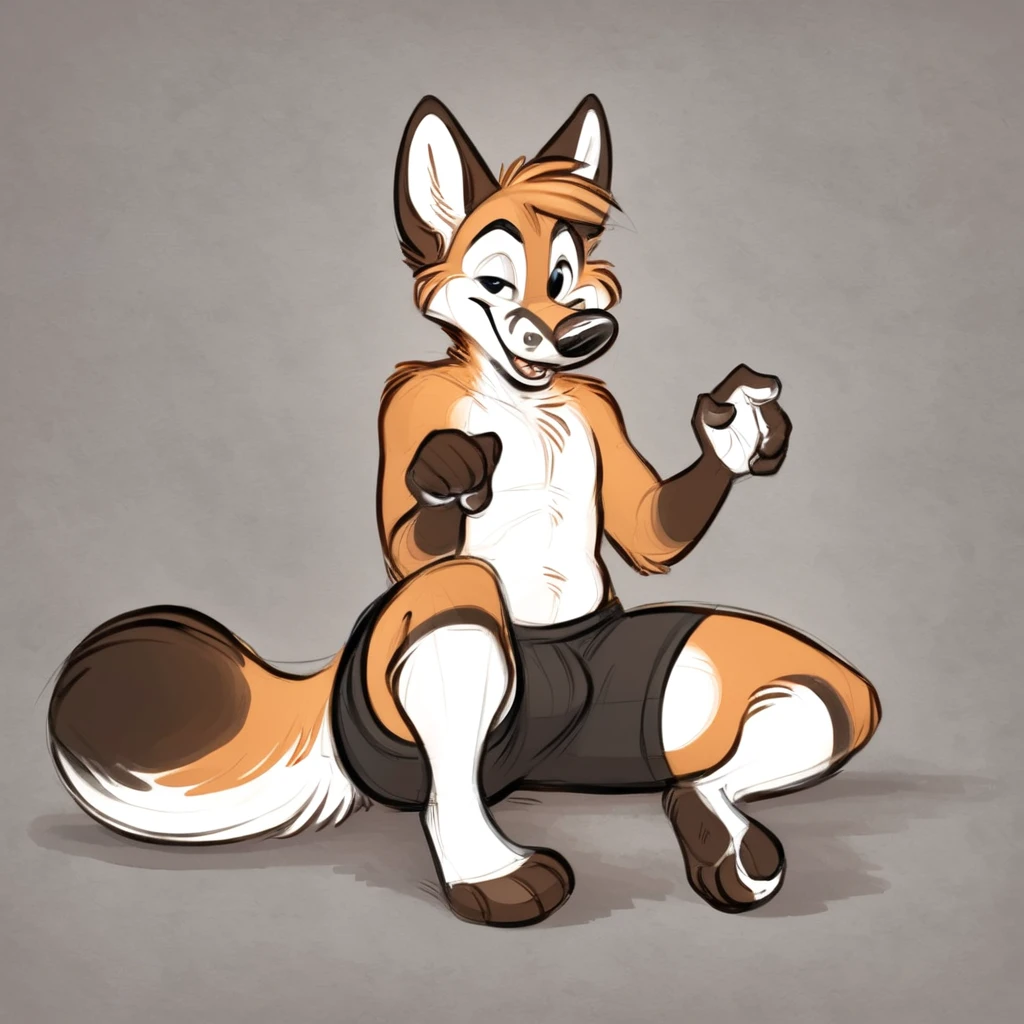 A anthropomorphic fox, wearing black swimming shorts, doing a sitting pin up pose, has thick thighs, high quality, crisp, 