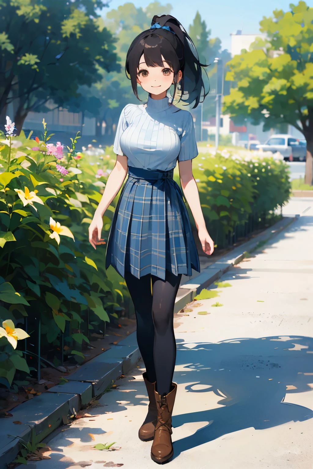 (high quality, High resolution, Very detailed, reality:1.37), Peaceful atmosphere, (Outdoor, garden), Teenage girl standing alone, (my breasts are big.), Beautiful details, Cute Smile, (Black hair ponytail), Short sleeve ribbed sweater, Blue plaid skirt, black tights, Brown boots.