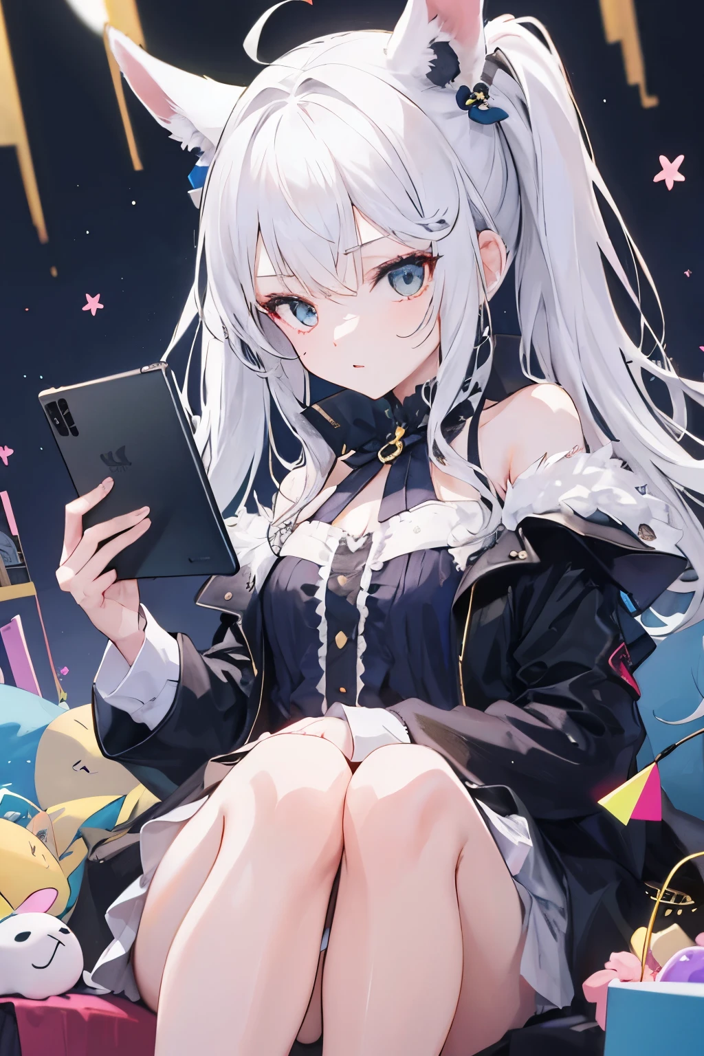 a girl,Cabello blanco,con Orejas de conejo,Tiene una tablet