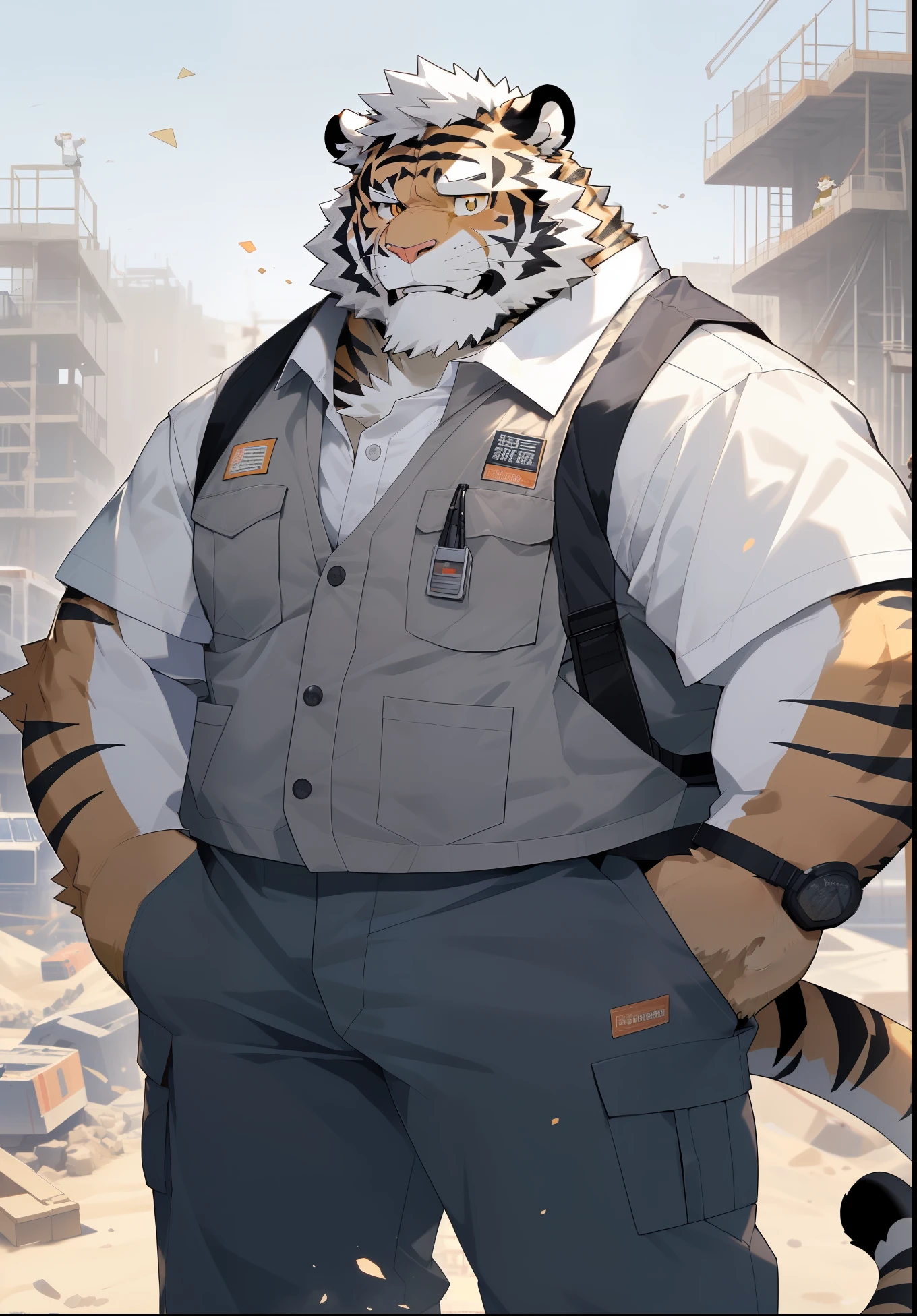 hairy,(tiger,Wearing a white vest:1.5,Gray cargo pants:1.5),Worker,beard,Golden fur,White short hair,Golden pupils,黑色beard,male,Common,See the whole body,Wearing a white vest,Mature,full-body shot,Cartoon style,Contract foreman,Real construction site background,极其lifelike阴影,masterpiece,Very detailed,lifelike。