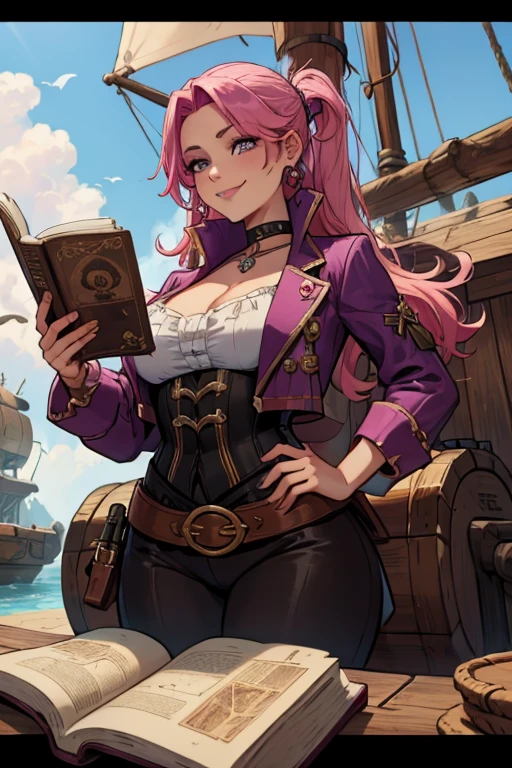 A pink haired female pirate with violet eyes with an hourglass figure in a pirate outfit is smiling crookedly while reading a map on a pirate ship