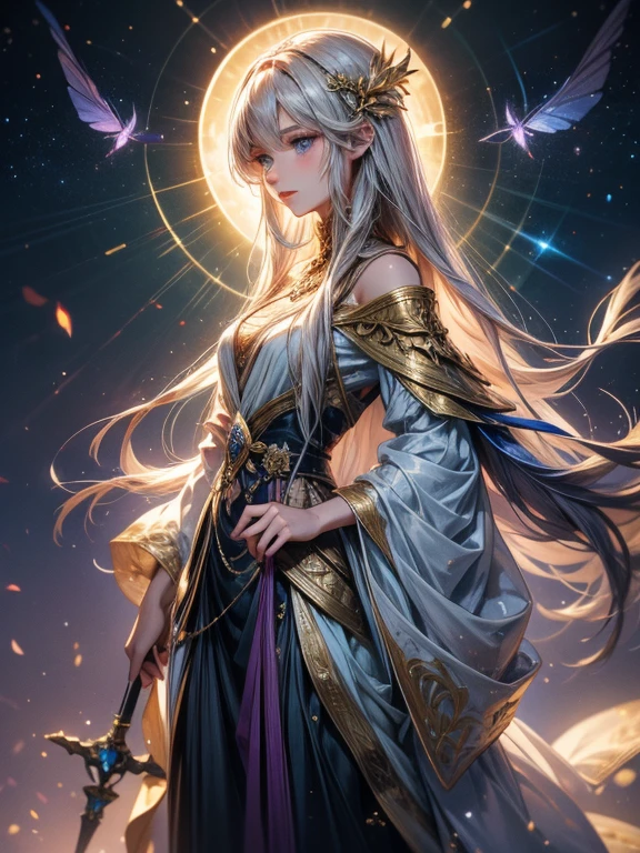 Hair: Elowen has long, flowing blonde hair that shimmers with a faint golden hue, often adorned with delicate floral accents that enhance her ethereal beauty.Eyes: Her eyes are a deep, calming blue, filled with compassion and wisdom that reflect her centuries of experience and understanding.Attire: Elowen is typically seen wearing elegant, flowing robes of white and gold, embroidered with sacred symbols and runes. Her attire is both practical and symbolic, representing her high status as an Arch Priestess. She carries a staff topped with a crystal that glows with holy light, and a small, intricately designed book of prayers and spells hangs at her side.