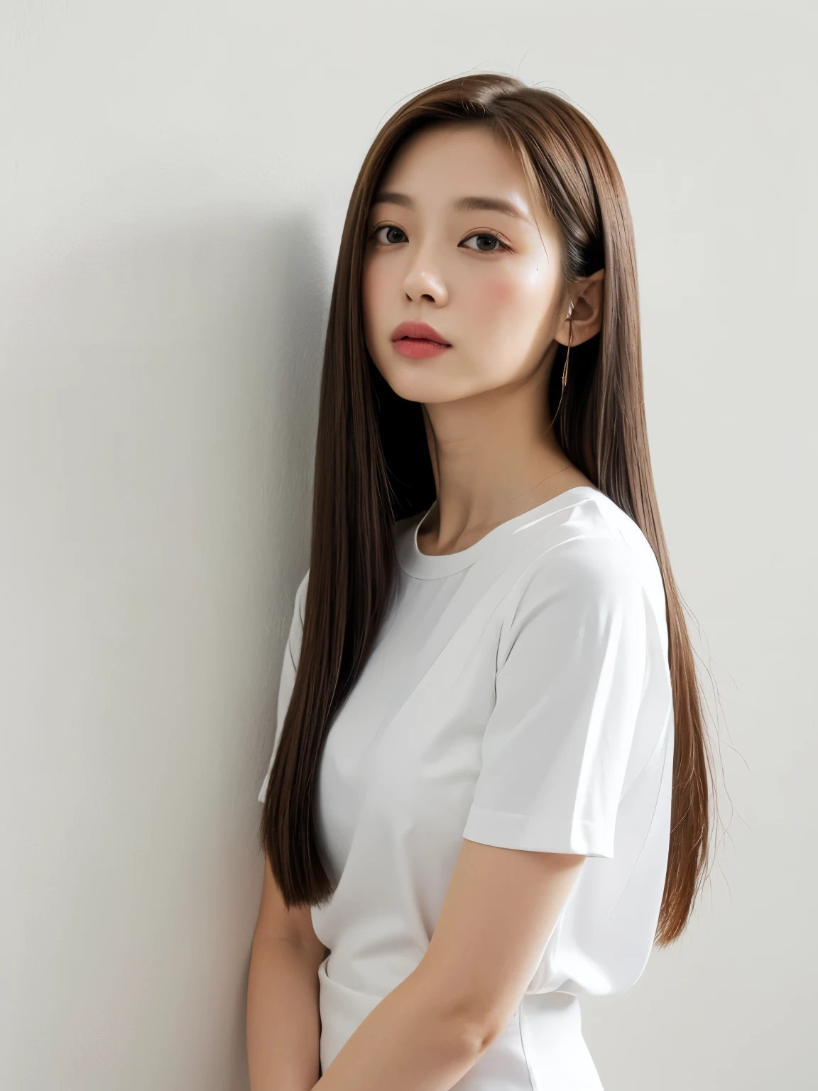 Stylish short sleeve tops、Silky Hair、30-year-old woman(背景にWhite wall、Straight Hair:1.4)、White wall、In front of the white door、Don&#39;t look at the camera、profile、(窓のあるWhite wallの部屋)、((highest quality、8k、masterpiece:1.3))、Ultra-high resolution、(photoGenuineistic:1.4)、RAW Photos、Japanese,(detailed aspects)、Genuine、Photographed in natural light、Highly detailed face and skin texture、Highly detailed lips、The correct state of the human body、Medium Hair、Black Hair、Mr.々A pose、Natural color lip、Shiny Hair