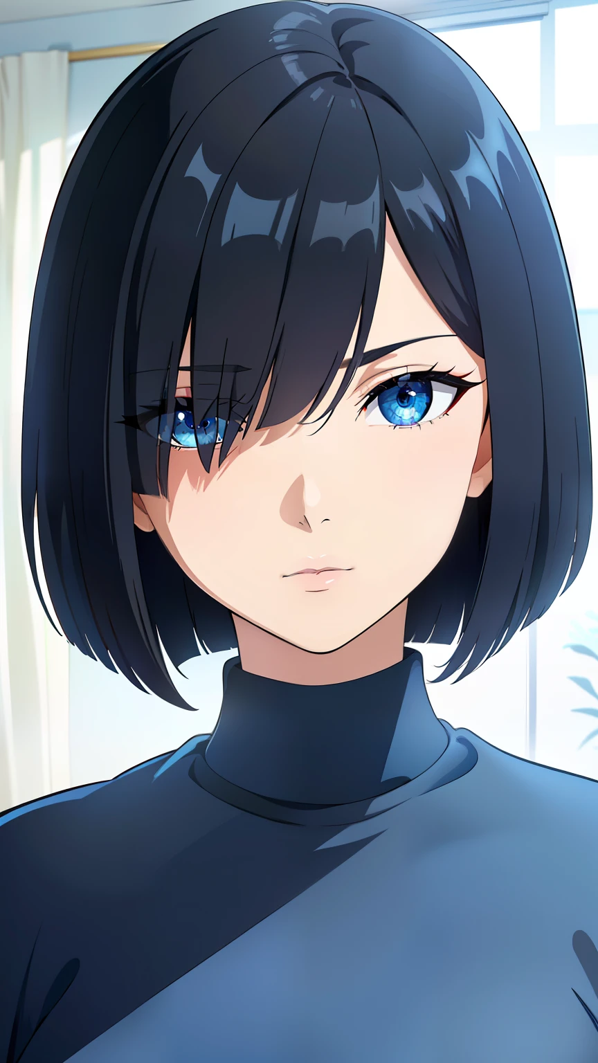 (best quality:1.5, highres, UHD, 4K, detailed eyes, detailed lighting, detailed hair, shaders), black hair, bob cut, hair covering one eye, cool woman, cool girl, sharp eyes, blue eyes, beautiful, large breasts, casual clothes, (pov, close shot)