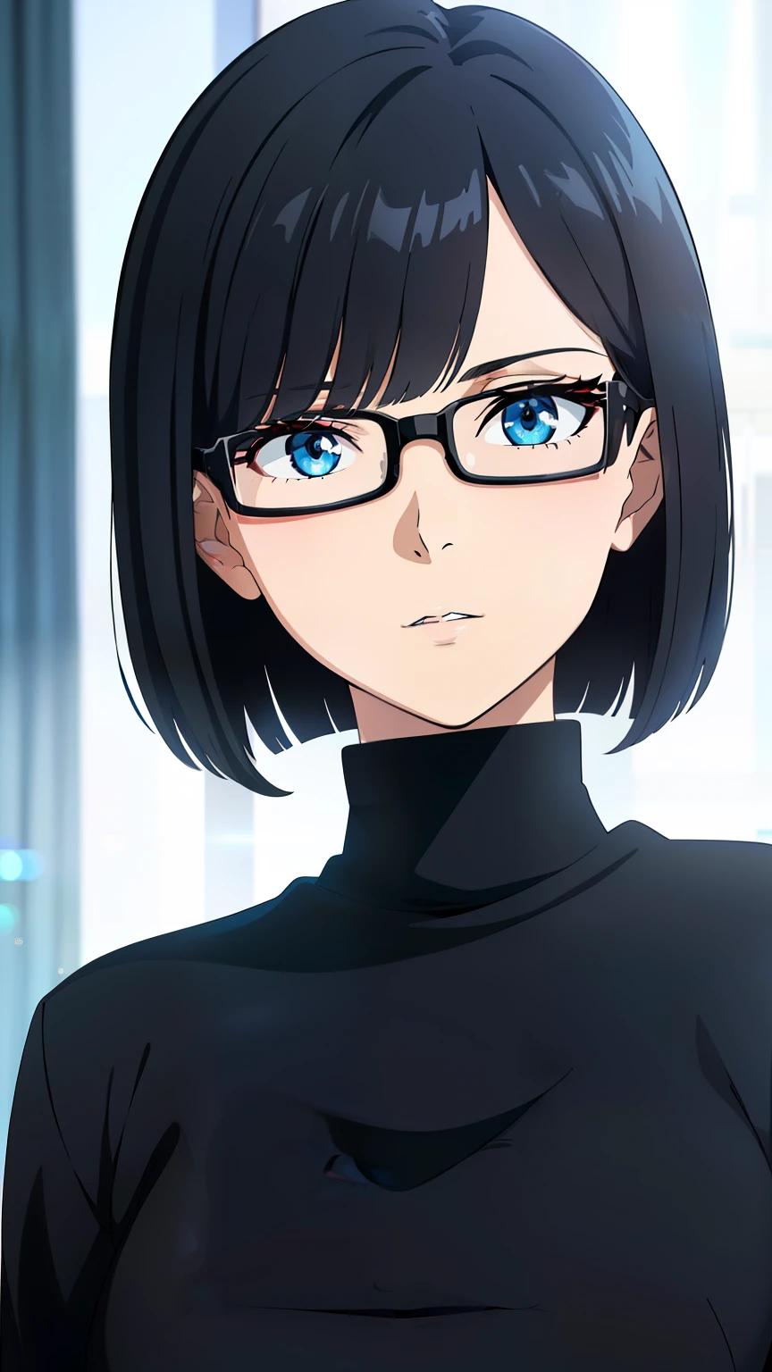 (best quality:1.5, highres, UHD, 4K, detailed lighting, shaders), black hair, bob cut, hair covering one eye, cool woman, cool girl, sharp eyes, blue eyes, beautiful, bedroom background, casual clothes, (pov, close shot), with glasses