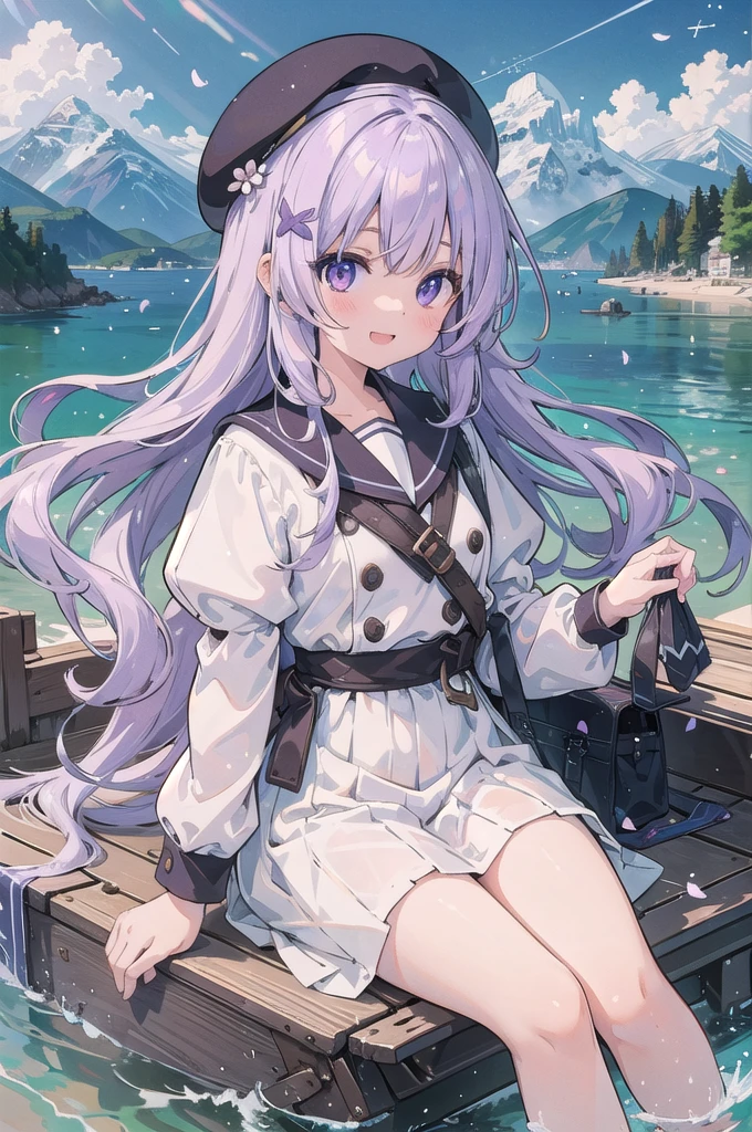 (masterpiece), scenery, Mountain Horizon, petal, Particles of light, Upper Body, One girl, On the boat, Wavy Hair, Floating Hair, smile, Sitting, Open your mouth, Particles of light, light purple hair, Violet eye, View Viewer, Face Focus、Wearing a beret、White clothes、Lady