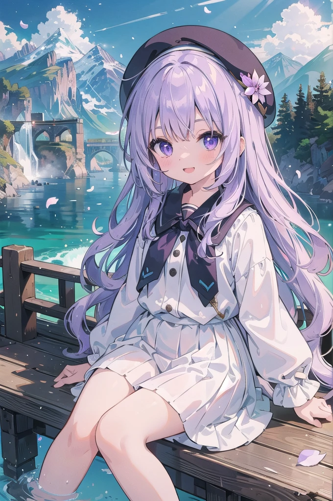 (masterpiece),  scenery,  Mountain Horizon,  petal,  Particles of light,  Upper Body,  One girl,  On the boat,  Wavy Hair,  Floating Hair,  smile,  Sitting,  Open your mouth,  Particles of light,  light purple hair,  Violet eye,  View Viewer,  Face Focus、Wearing a beret、White clothes、Lady