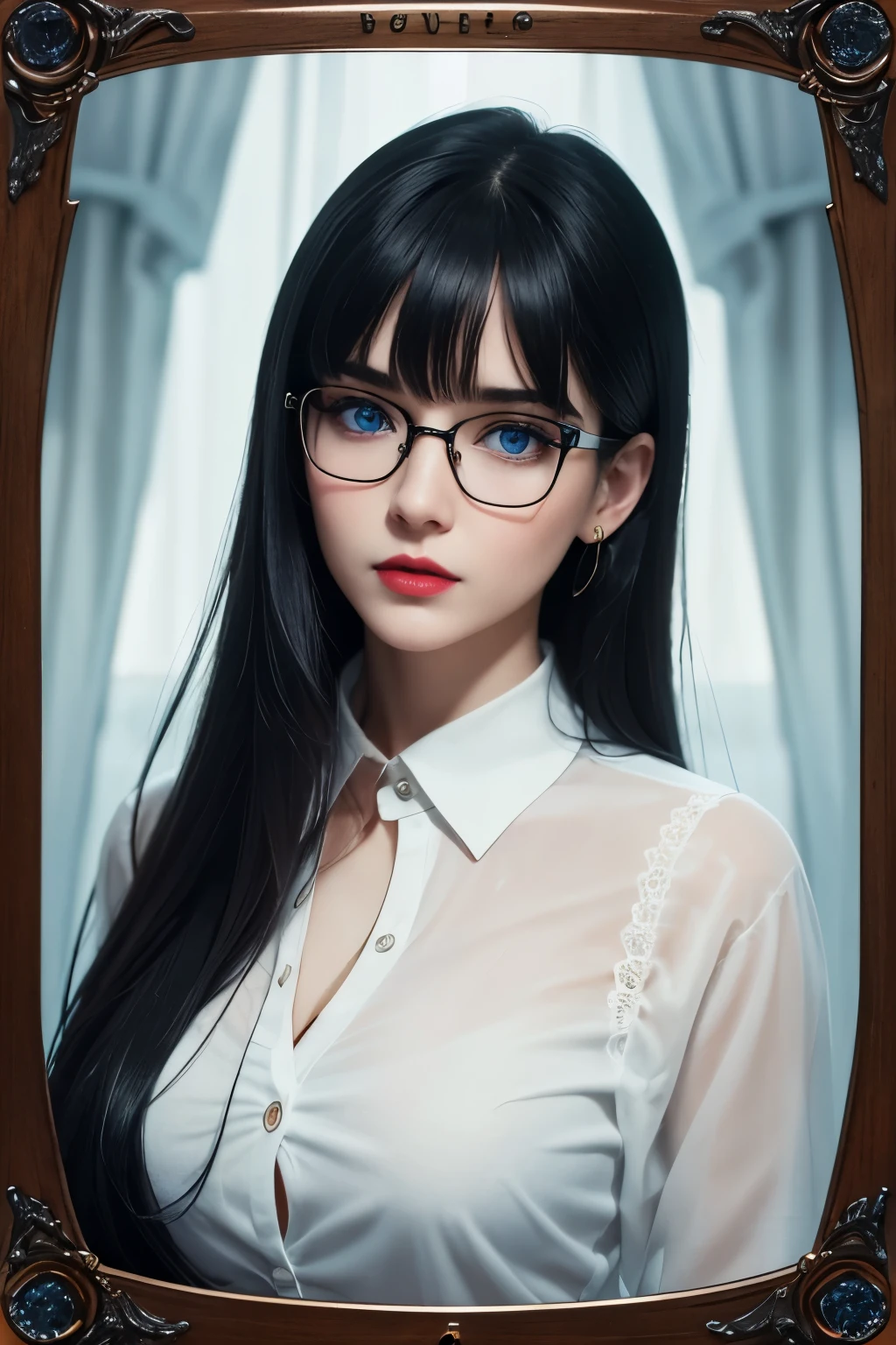 face focus, portrait, best quality, super fine, 16k, incredibly absurdres, extremely detailed, delicate and dynamic, cool and beautiful pretty woman, white shirt with a few buttons undone, captivating look, aroused expression, blue eyes, glasses, red lips, black straight hair, blunt bangs, tarot card-like picture frame made of ice sculpture