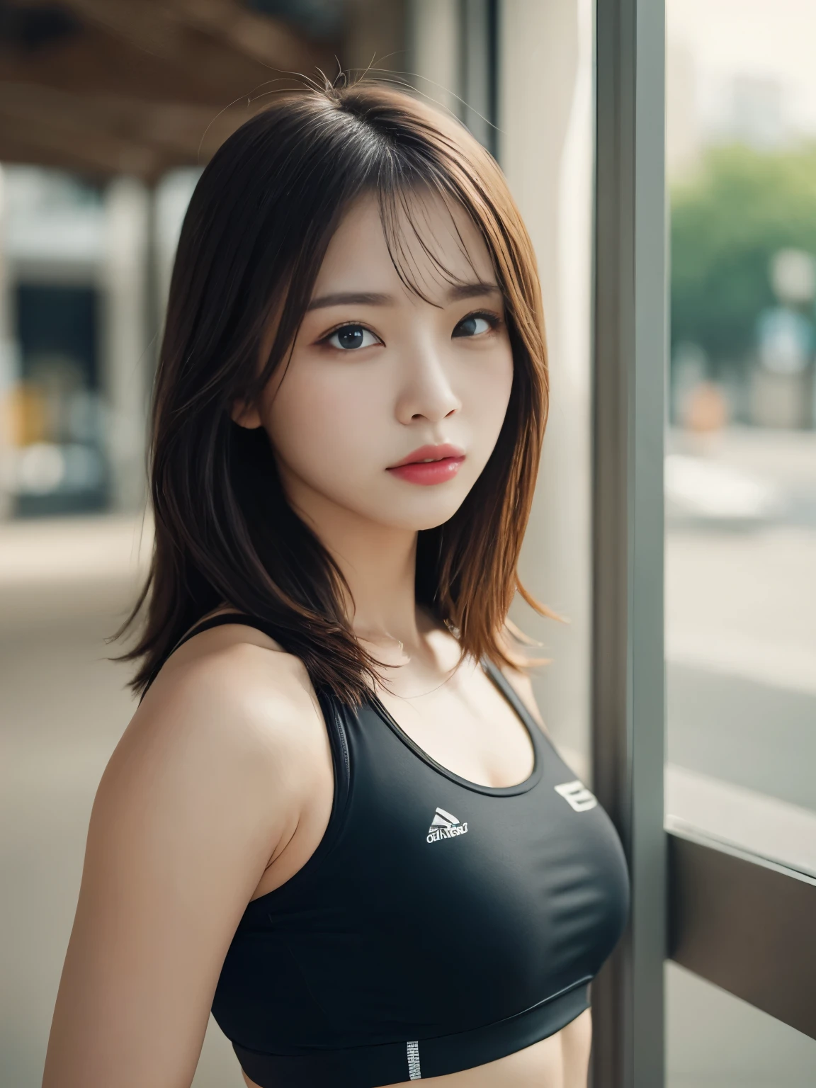 masterpiece, highest quality, Awareness-raising, Ultra-fine, detailed, High resolution, 8k wallpaper, Perfect dynamic composition, beatiful detailedd eyes, Huge , Fitness Wear, Natural color lips、