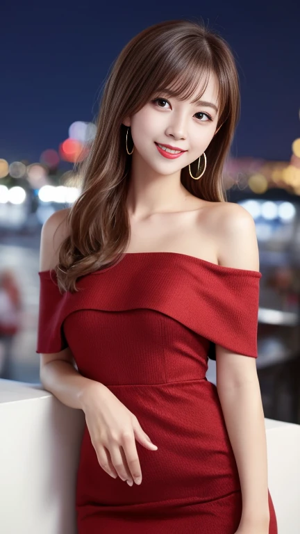 highest quality、8k wallpaper、Reality:1.4、Photographed by a professional photographer、Cinema Lighting、View your viewers、background:las vegas at night、1 beautiful girl、Japanese Idol、19 years old、Beautifully detailed eyes、Detailed face、Beautiful Skin、Slender、Slim waist、Thin legs、Red lipstick、Perfect blonde hair: 1.8、Random hairstyle、Asymmetrical bangs、Off-the-shoulder dress、I can see your chest 、smile:1.4、Seductive pose