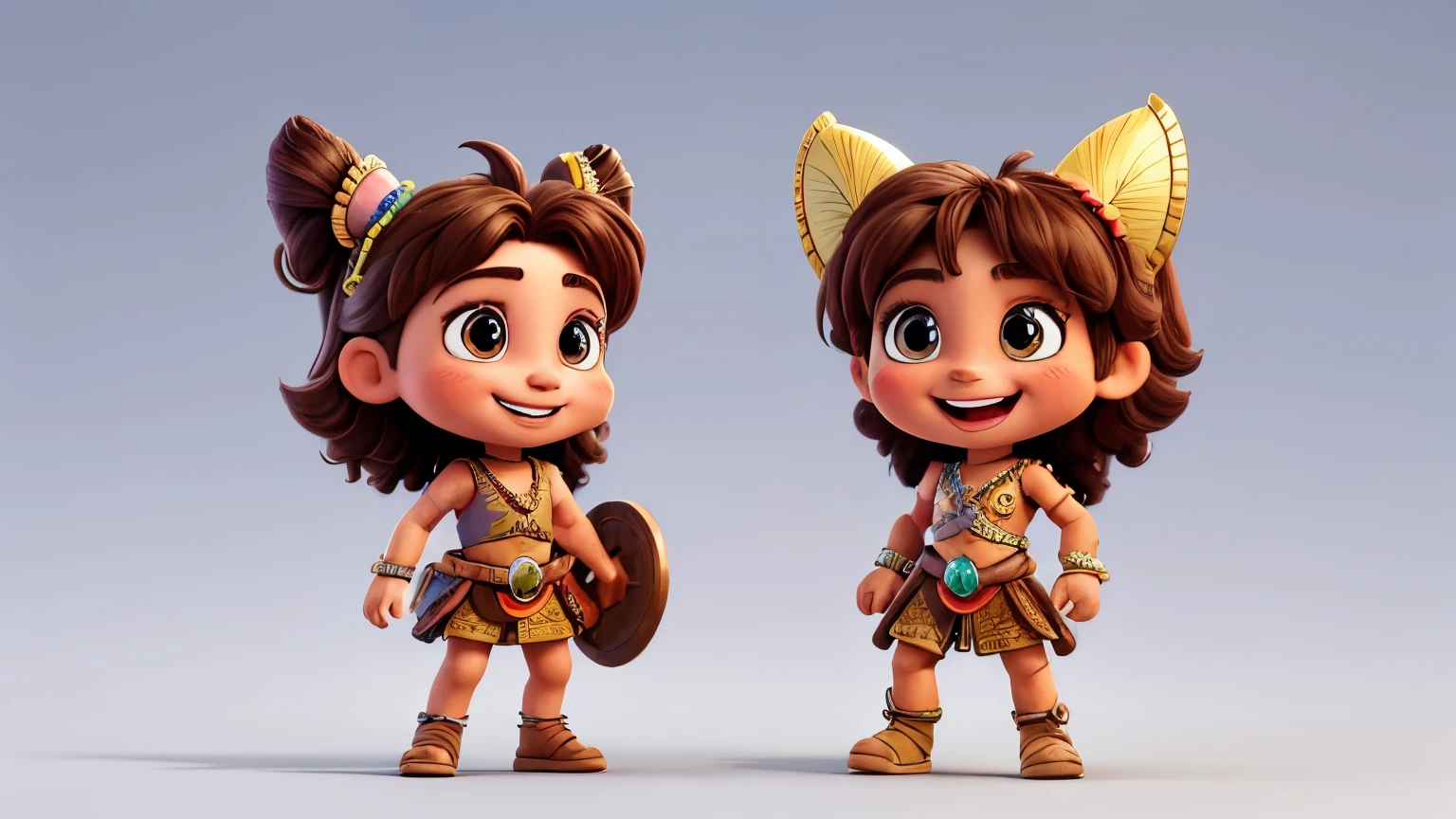 Whimsical mythical creature, cheeky expression, happy laugh, creates a unique and cute Aztec warrior character, brunette, bright eyes on a white background, curious. restless, arms and legs apart, 3d character
