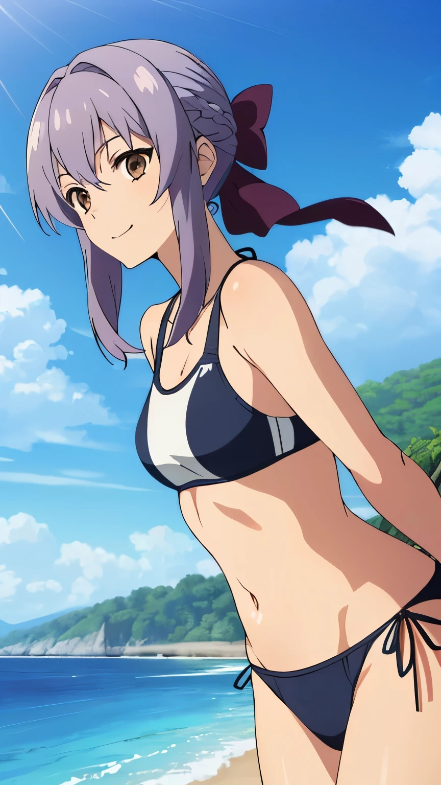 (masterpiece, best quality, high resolution, 8k),anime art style, Shinoa, 1 girl, dark brown eyes, medium breasts, smile, hair ribbon, (Swimsuit, Beach), alone, standing,dynamic Angle cowboy shot,