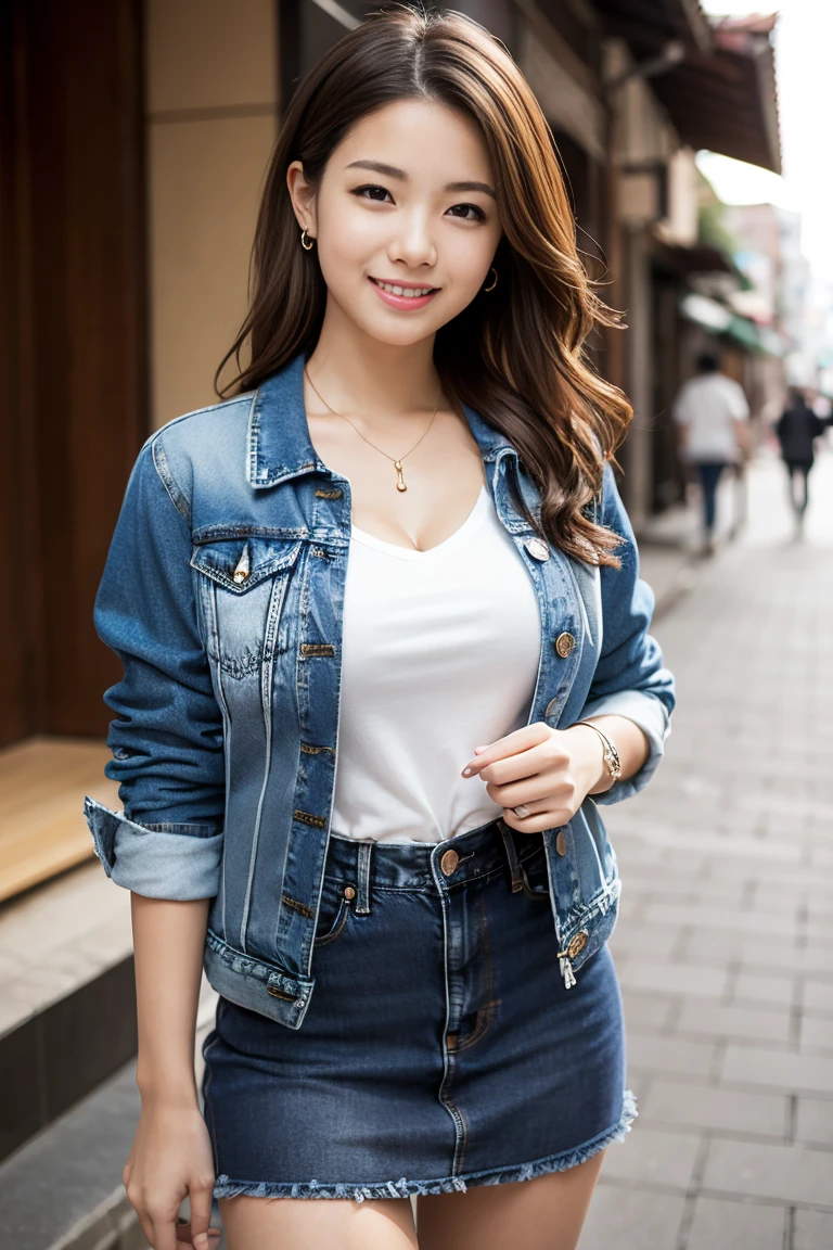 highest quality, masterpiece, Ultra-high resolution, (Realistic:1.4), Beautiful woman, Clear grey V-neck shirt, G-string, Cleavage, ((Denim jacket)), Center of chest, Tight waist, Shiny skin, 魅惑的なsmile, Bokeh, smile, Denim mini skirt, Brown Hair、In front of the old city、((Mr.々A pose))