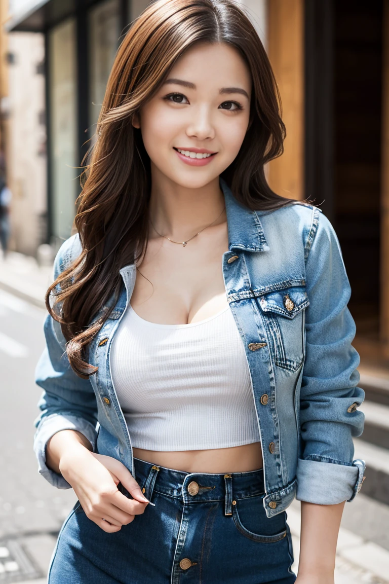 highest quality, masterpiece, Ultra-high resolution, (Realistic:1.4), Beautiful woman, Clear grey V-neck shirt, G-string, Cleavage, ((Denim jacket))， Center of chest, Tight waist, Shiny skin, 魅惑的なsmile, Bokeh, smile, Denim mini skirt, Brown Hair、In front of the old city、((Mr.々A pose))