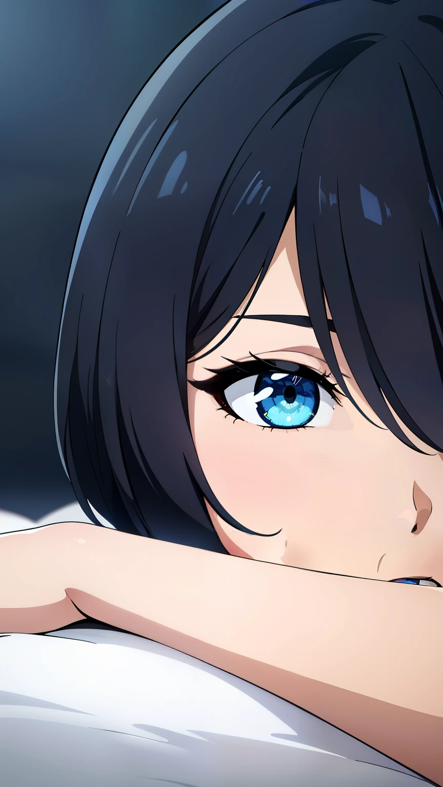 (best quality:1.5, highres, UHD, 4K, detailed lighting, shaders), black hair, bob cut, hair covering one eye, cool woman, cool girl, sharp eyes, blue eyes, beautiful, bedroom background, casual clothes, (pov, close shot)