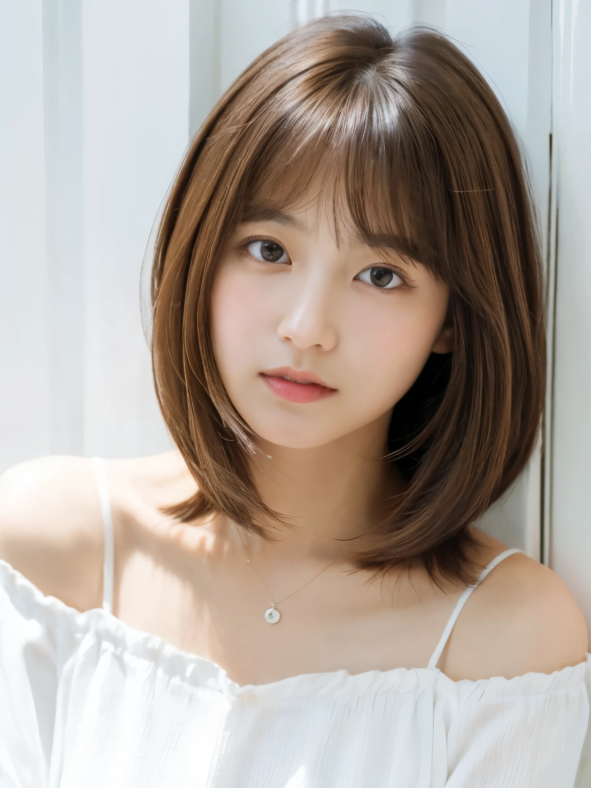 Close-up of a brown-haired woman in a white shirt, Shoulder-length hair, Shoulder - Length hair, Medium length hair, Curtain bang, Medium Hair, with short hair, Princess Cut, Shoulder-length hair, 白Princess Cutの髪型, Korean symmetrical face, short~Medium Hair, Shoulder - Length, Neat hairstyle with bangs、White wall、In front of a white door、((窓のあるWhite wallの部屋))、Mr.々A pose、Simple Necklace、Layered Cut、Don'Don't look at the camera