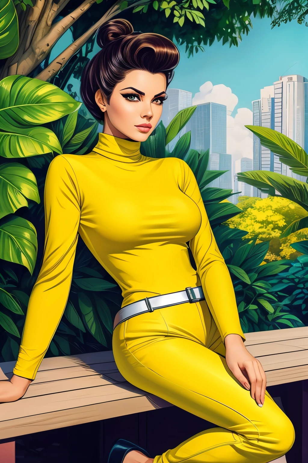 (SFW)1 mulher com cabelos ruivos presos em um penteado estiloso, wearing a yellow turtleneck and green pants. She is sitting outside, surrounded by lush vegetation, with a map and other objects scattered around you. Your facial expression suggests a certain frustration or irritation. The illustration has an art style characteristic of comic books