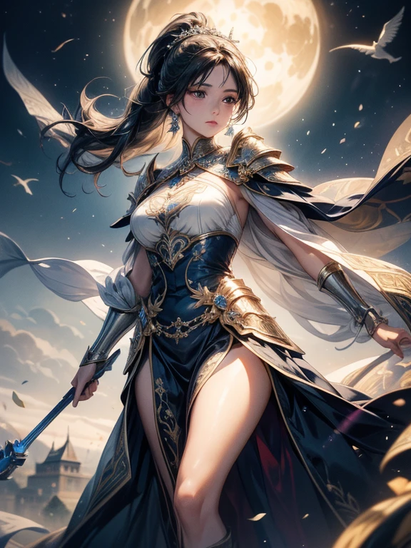 A majestic artwork of a graceful female paladin standing in a grand, medieval landscape. The full-body view reveals her adorned in intricately designed armor that combines both elegance and strength. Her armor is polished to a shine, with ornate engravings and a flowing cape that billows gently in the wind. Her long black hair is tied in a sleek ponytail, cascading down her back and adding to her regal appearance.
Her eyes, filled with resolve and determination, are a deep shade of sapphire blue. She carries a beautifully crafted shield, emblazoned with intricate symbols of protection and honor. In her other hand, she wields a formidable mace, its head adorned with intricate designs that reflect her status as a protector of the realm.
The background features a sprawling castle with tall spires, set against a sky painted in hues of dawn, with the first light of day breaking through. Rolling hills and lush meadows stretch out before her, with a serene river winding through the landscape. Birds take flight in the early morning light, and the air is filled with a sense of peace and anticipation for the day's duties.
The paladin stands poised and ready, embodying both grace and power, a guardian of the land and a beacon of hope for all who gaze upon her.