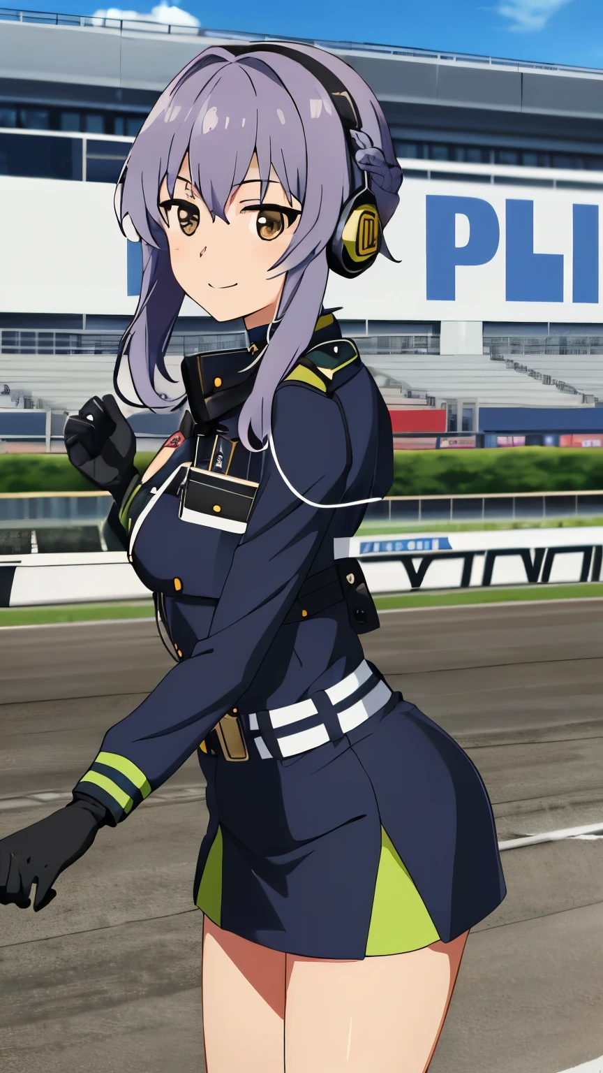 (masterpiece, best quality, high resolution, 8k),anime art style, Shinoa, 1 girl, dark brown eyes, medium breasts, smile, hair ribbon, (wearing a futuristic police racing suit, low mini skirt, police emblem, high tech headset, military harness and racing gloves), alone, standing,dynamic Angle cowboy shot,