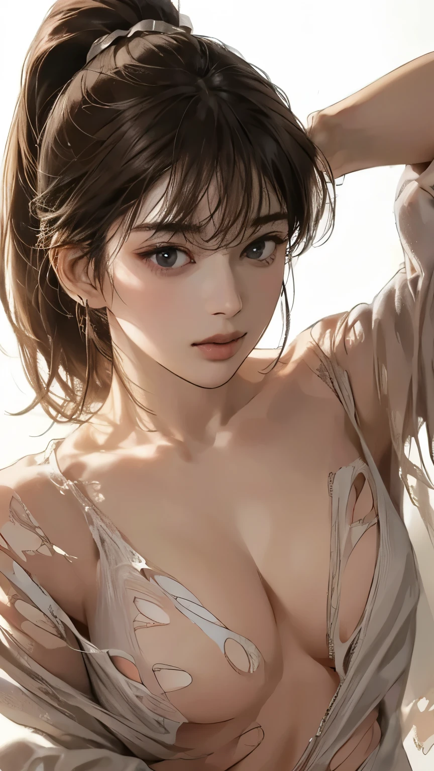 (((Masterpiece))), (((portrait))), Kujou Sara, diffused light, dynamic shadows, sharp focus, realistic, detailed, highres, absurdres, white background, no bra, photorealistic, lifelike, wet, mascara, blushing, sleeveless, youthful appearance, pee stain, white panties, (((nudist))), (((sweept bangs))), (((side braided ponytails))), (((lips apart))), (((cutest)))