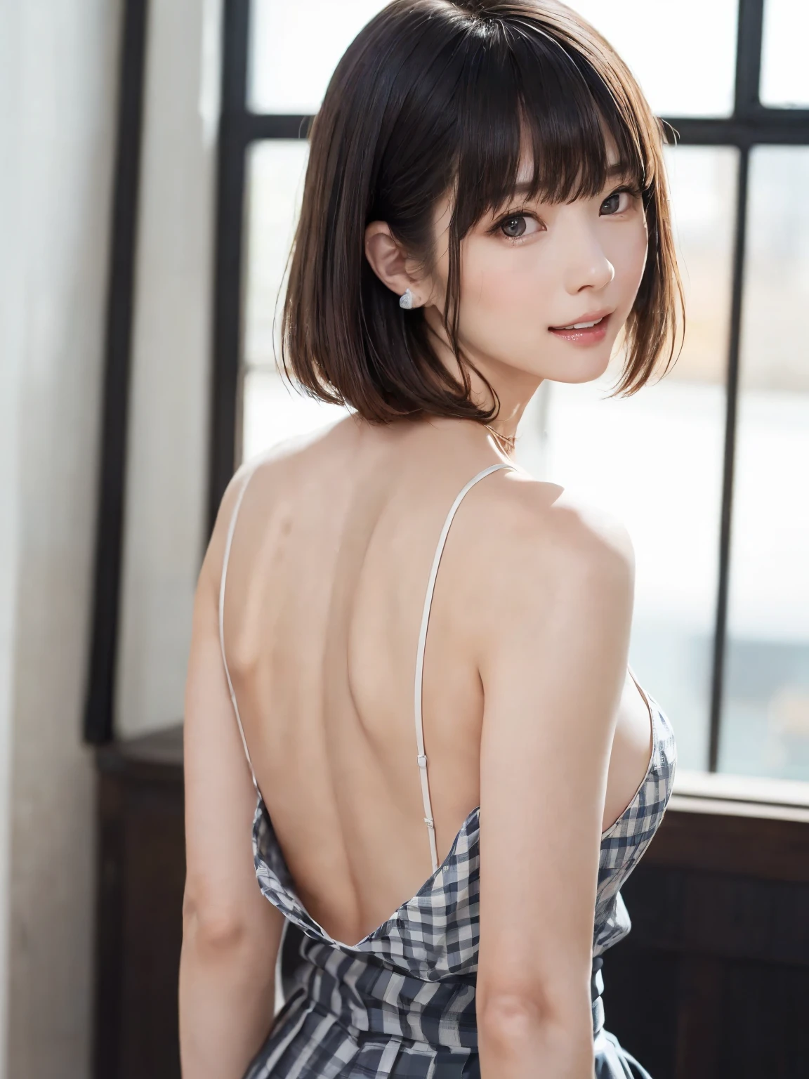 (From the back:1.4、Tabletop:1.4、highest quality:1.4、Best image quality:1.4、Cute beautiful adult woman, Beautiful symmetrical face、Adult smile:1.4、Beautiful Teeth、Lip gloss、Short Brunette Bob、Shiny shiny hair、Has shiny bangs:1.4、bangs:1.4、length, shiny shorthair、length neck:1.4、Show me your ears、Tall Supermodels、Broad shouldered supermodel、{Huge|big|Huge|Mega} chest:2, 非常に大きなchest、Beautiful chest have cleavage:2)、(very beautiful back、Cute school girl、Off-the-shoulder white see-through shirt、Checkered sheer loop pleated short skirt、28 years old)、Very cute and attractive woman、very beautiful back、Perfect Anatomy