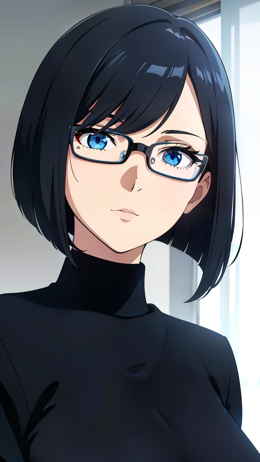 (best quality:1.5, highres, UHD, 4K, detailed lighting, shaders), black hair, bob cut, hair covering one eye, cool woman, cool girl, sharp eyes, blue eyes, beautiful, bedroom background, casual clothes, (pov, close shot), with glasses