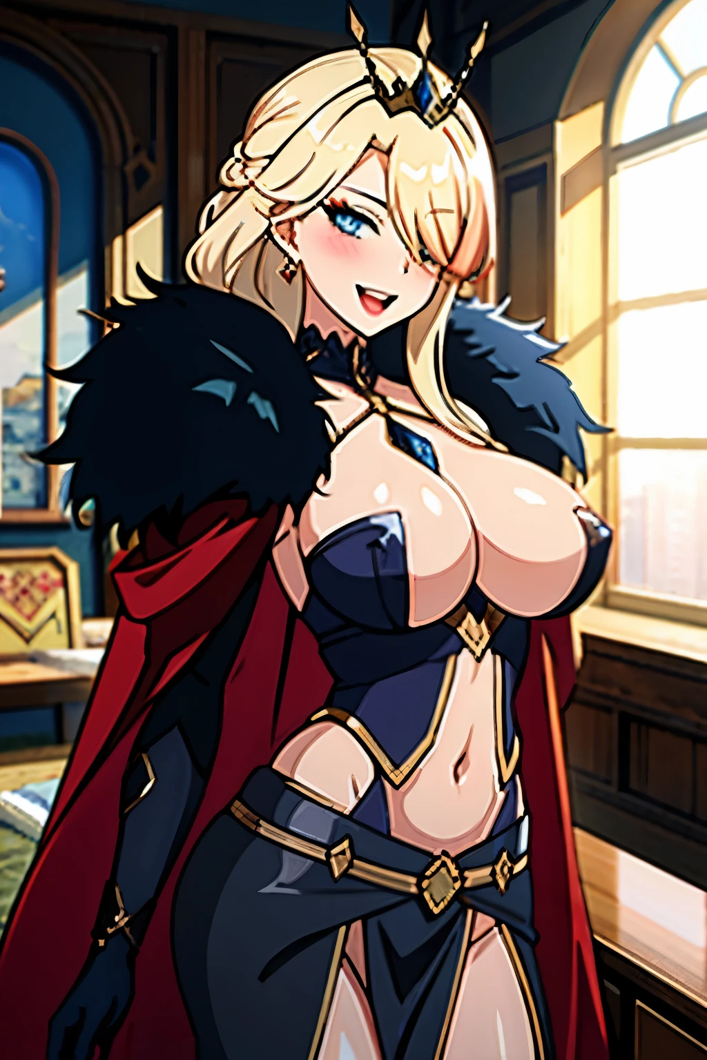 1girl, solo, blonde hair, blue eyes, long hair, one eye covered, eye shadow, makeup, signora \(genshin impact\), fur trim, mature female, gloves, fur-trimmed coat, blush, lipstick, masterpiece, best quality, highly detailed, fantasy , a anime girls in armored dress holding a sword
posing for a picture, evil smile, smile, open mouth, breastplate with open cleavage, cleavage, warrior
outfit, ecchi anime style, anime girls, ecchi style, (nsfw) not safe for work, ecchi, digital anime art!!, in
anime style, official artwork, visual novel cg, beautiful anime girl, anime style 4 k , loincloth, exposed
belly, exposed navel, exposed midriff, exposed lower belly, pencil skirt armored, castle,inside castle