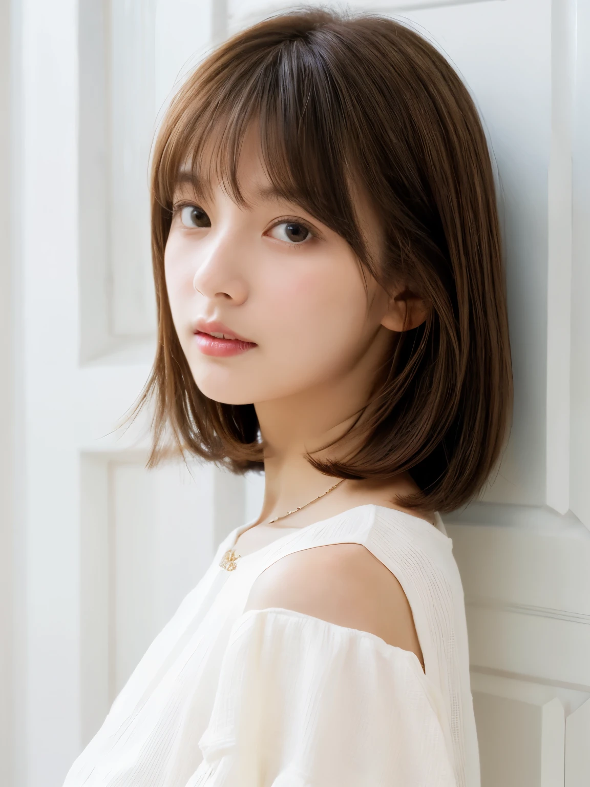 Close-up of a brown-haired woman in a white shirt, Shoulder-length hair,Layered Cut、Shoulder - Length hair, Medium length hair, Curtain bang, Medium Hair, with short hair, Princess Cut, Shoulder-length hair, 白Princess Cutの髪型, Korean symmetrical face, short～Medium Hair, Shoulder - Length, Neat hairstyle with bangs、White wall、In front of a white door、((窓のあるWhite wallの部屋))、Mr.々A pose、Simple Necklace、Don&#39;Don&#39;t look at the camera