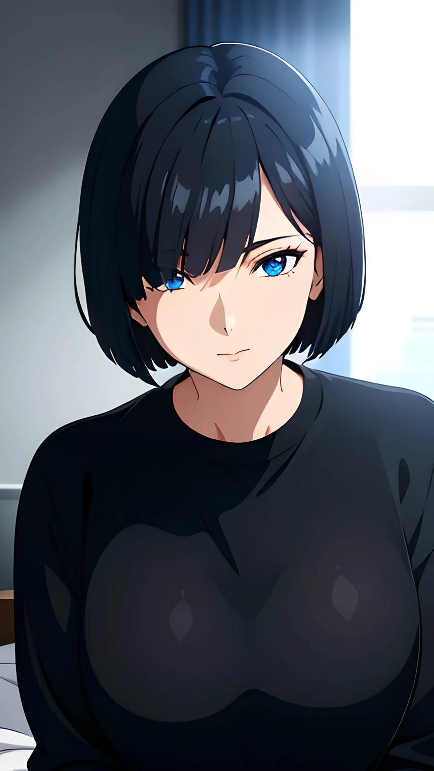 (best quality:1.5, highres, UHD, 4K, detailed lighting, shaders), black hair, bob cut, (hair covering one eye), cool woman, cool girl, Slender Eyes,, blue eyes, beautiful, night background, casual clothes