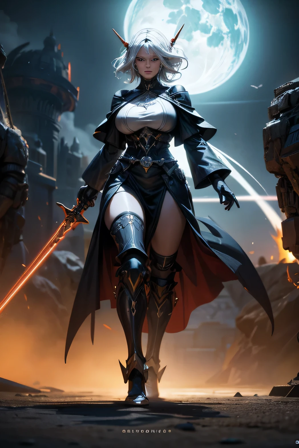a woman with big breasts, beutiful face, dressed in a black robe and white hair, walking in the middle of the desert carrying double lightsabers, highly detailed, masterpiece,4k,8k, ultra-detailed, photorealistic, photo-realistic, vivid colors, dramatic lighting, cinematic, award winning, concept art, digital painting, fantasy, sci-fi, dramatic pose, dynamic composition