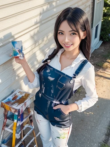 a lot of details, (slender waist), 30 years old, detailed black hair, beautiful detailed hair, super fucking beautiful, complex details beautiful and delicate eyes, perfect hands, (small breasts best quality), perfect and delicate limbs, detailed skin, best quality, ultra-detailed,(cheerful grin:1.5),
delightful, looking ahead, single braid, (Coveralls stained with paint), (Standing on a stepladder and painting the exterior wall of a house:1.3), full body shot, birds-eye view, sunlight