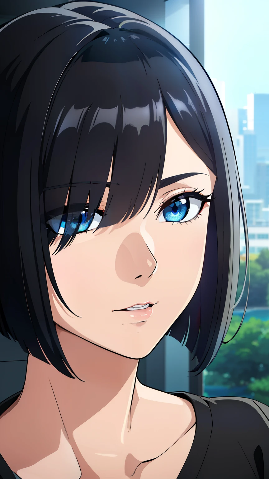 (best quality:1.5, highres, UHD, 4K, detailed lighting, shaders), black hair, bob cut, hair covering one eye, cool woman, cool girl, sharp eyes, blue eyes, beautiful, bedroom background, casual clothes, (pov, close shot)