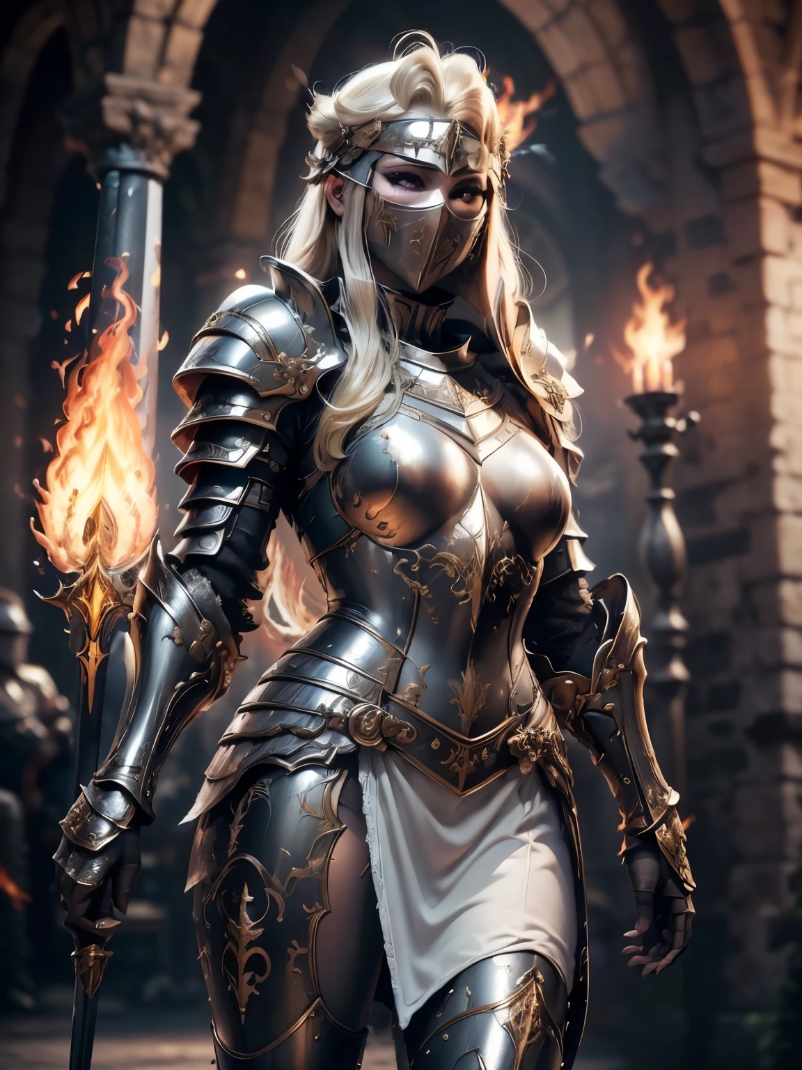 (Masterpiece, Superb Detail, Super Detailed, High Resolution), Male Focus, (((Female Armor))), (((Armor Dress Set))), (((Mask))), (She Has Long Blonde Hair, Medium Breasts, Slim, perfect body, beautiful face), look at viewer, (((white panty))), (((hold flame sword))), City Ruins, Background Details, Solo