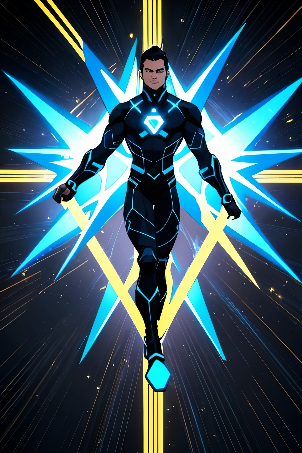Multiplier wears a black costume with blue details and a symbol that represents a "X" surrounded by several smaller copies of it "X", symbolizing your powers of multiplication.